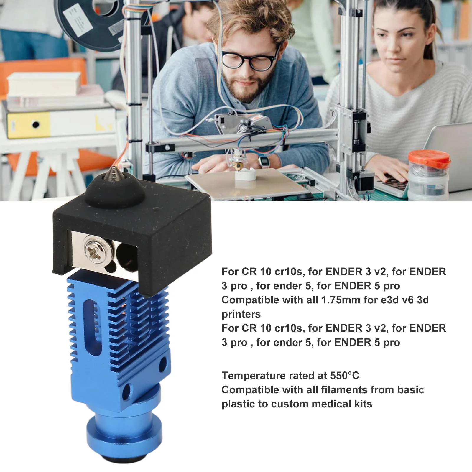 

3D-принтер Hotend Kit Структура рамы до 550 ℃ Точность сопла Hotend принтера 0,4 мм, практичная для CR 10