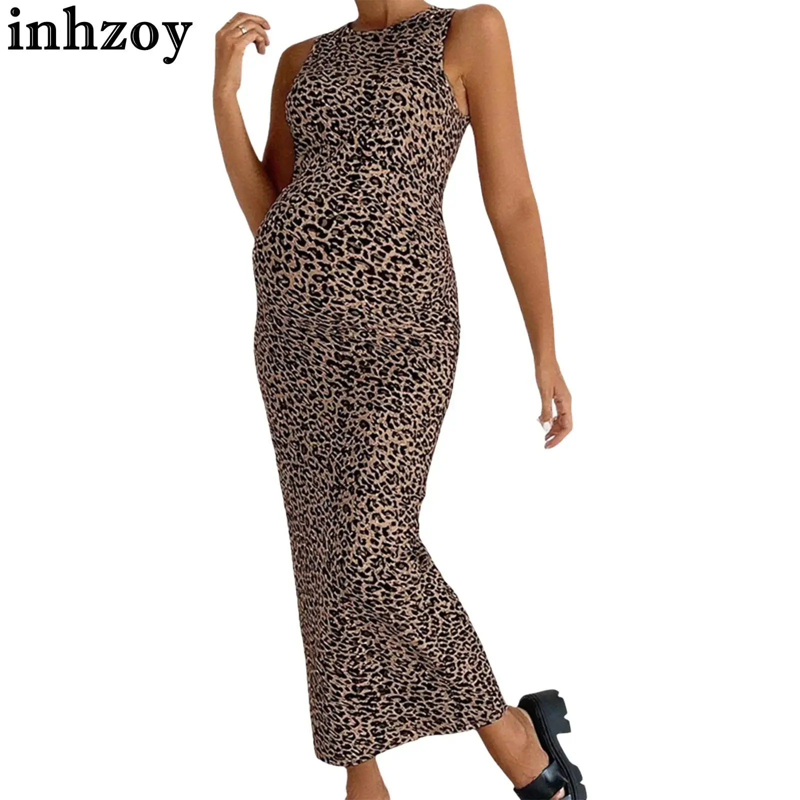 

Модное повседневное платье с леопардовым принтом для беременных, облегающий сарафан без рукавов на весну и лето для пляжного отдыха, уличная одежда, повседневная одежда