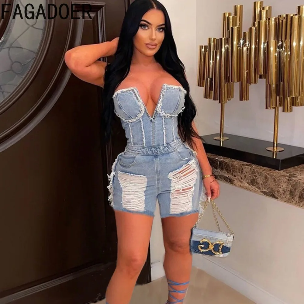 

FAGADOER Blue Sexy Hole Denim Hollow Bodycon Tube Romper Women Off Shoulder Sleeveless Backless Slim Jumpsuit Fashion Streetwear