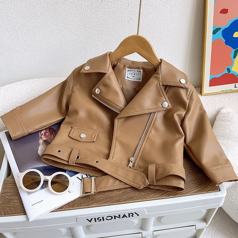 Autumn PU Leather Jackets Spring  Kids Boys Girls Classics Handsome Lapel Zipper Outerwear Fly Coats Casual Clothing 1-8 Years