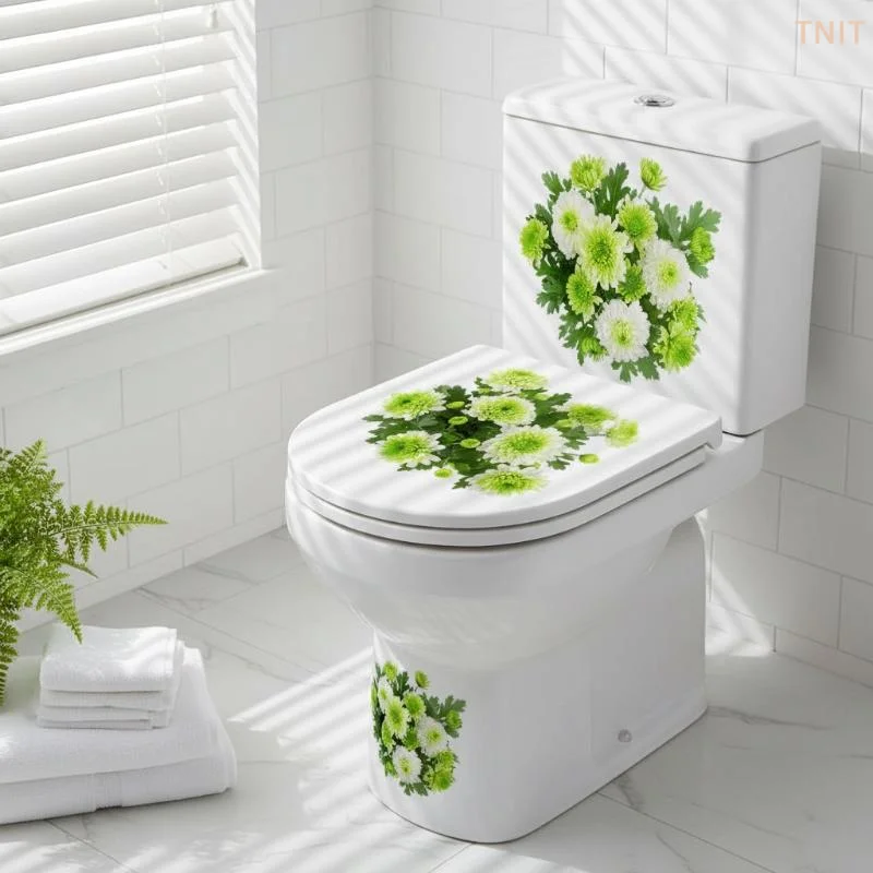 [J] Green White Chrysanthemum Toilet Stickers Waterproof Self Adhesive Bathroom Floral Toilet Lid Tank Decor Wall Decals