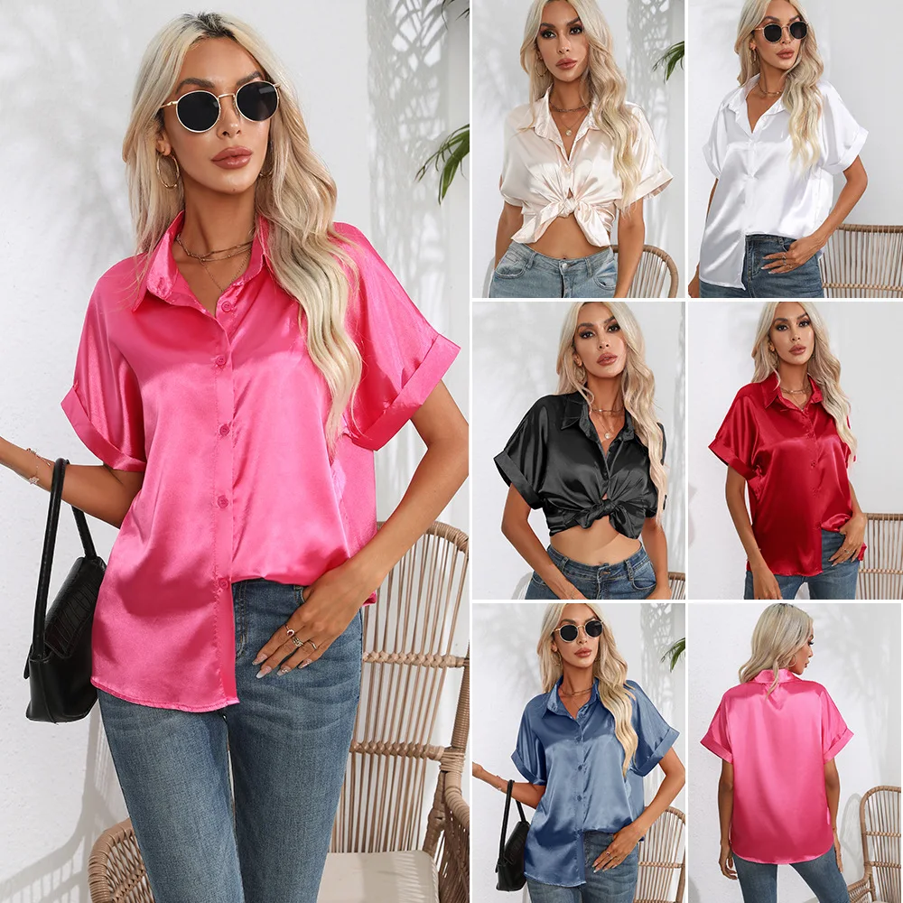 White Summer Satin Shirt Women Short Sleeve Button Up Shirts Ladies Office Lady OL Loose Silk Shirt Blouse For Women Pink Tops