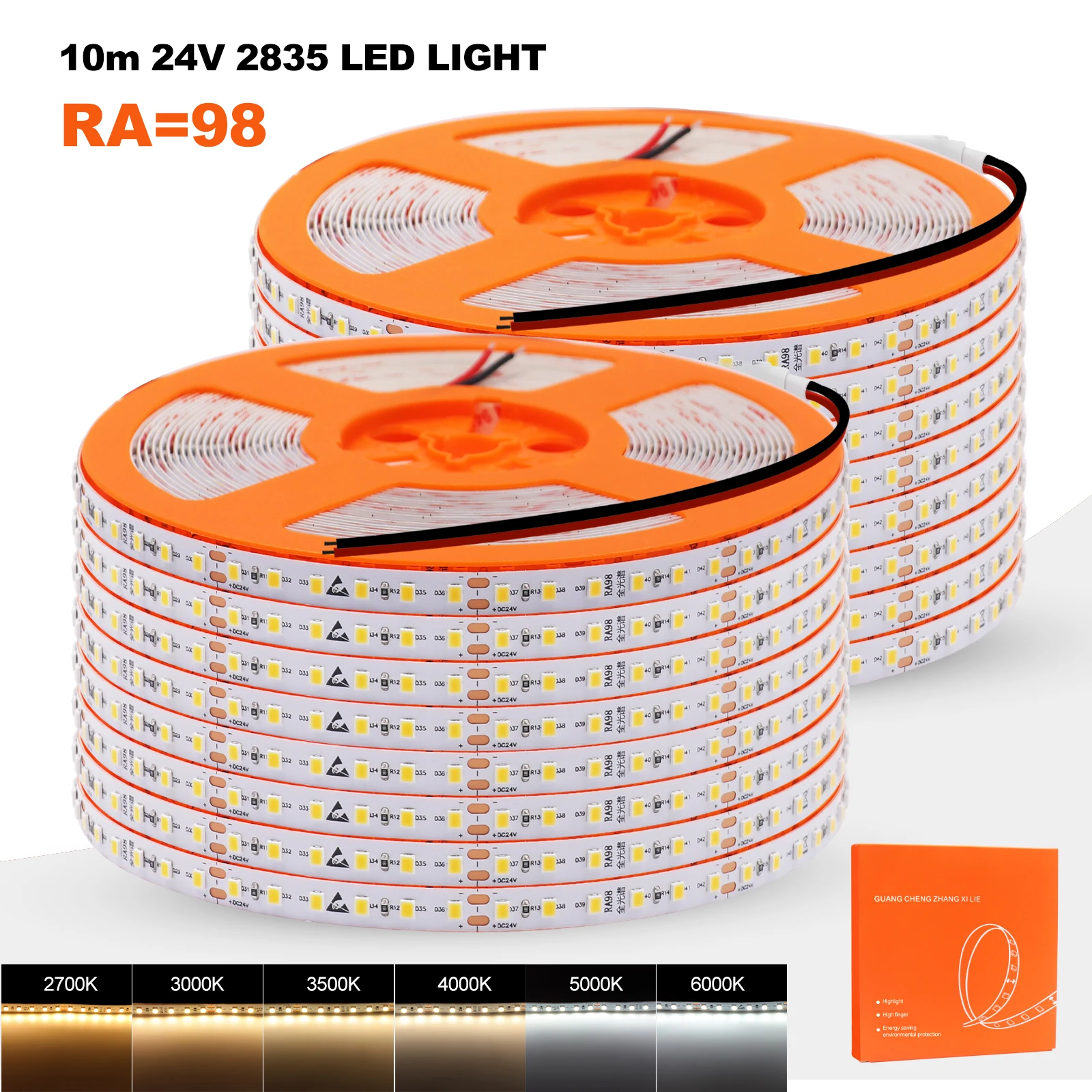 Taśma LED 10M 24V 2835 RA98 2700K 3000K 3500K 4000K 5000K 6000K Elastyczna taśma LED 120 diod LED bez kropli napięcia Dioda LED wstążkowa