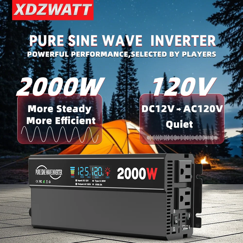 500W/800W Pure Sine Wave Power Inverter 12V DC to 110V/120V 1500W/2000W Peak AC Car Converter for Vehicles LED Screen Display, 2 AC Outlets,36W USB-C Charging Port, Car Plug Adapter for Truck, Home, Camping, Laptop, Trip