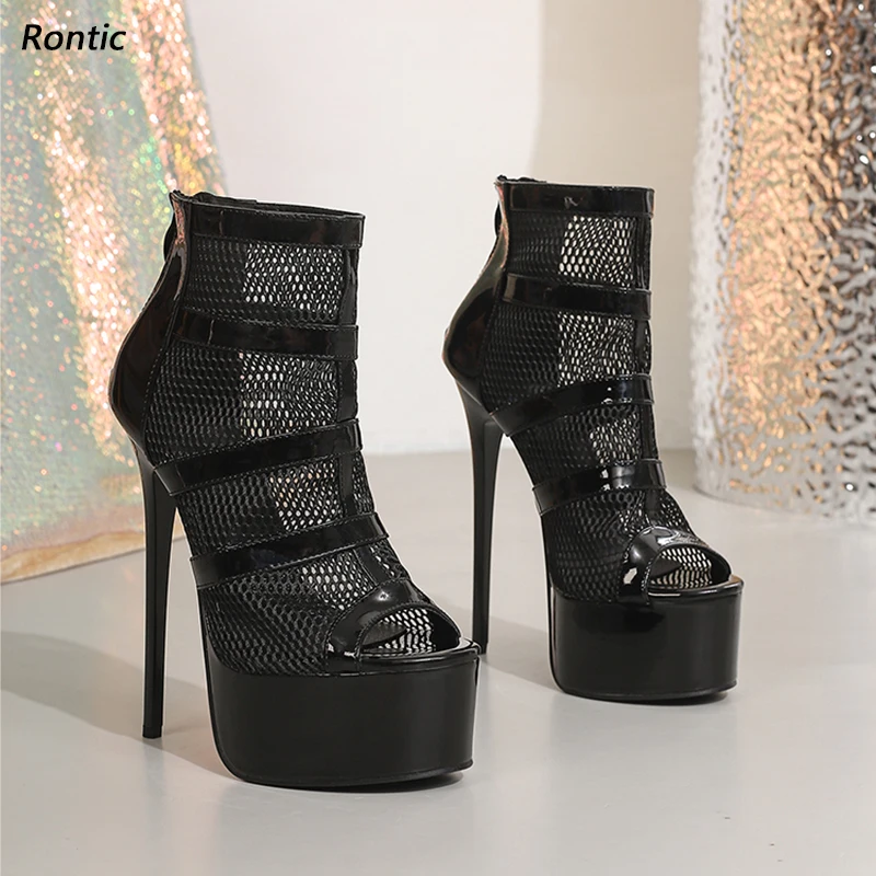 Rontic Artisan Crafted Women's Black Mesh Platform Sandals - Strappy Heeled Shoes with Patent Leather Straps US Size 5-20