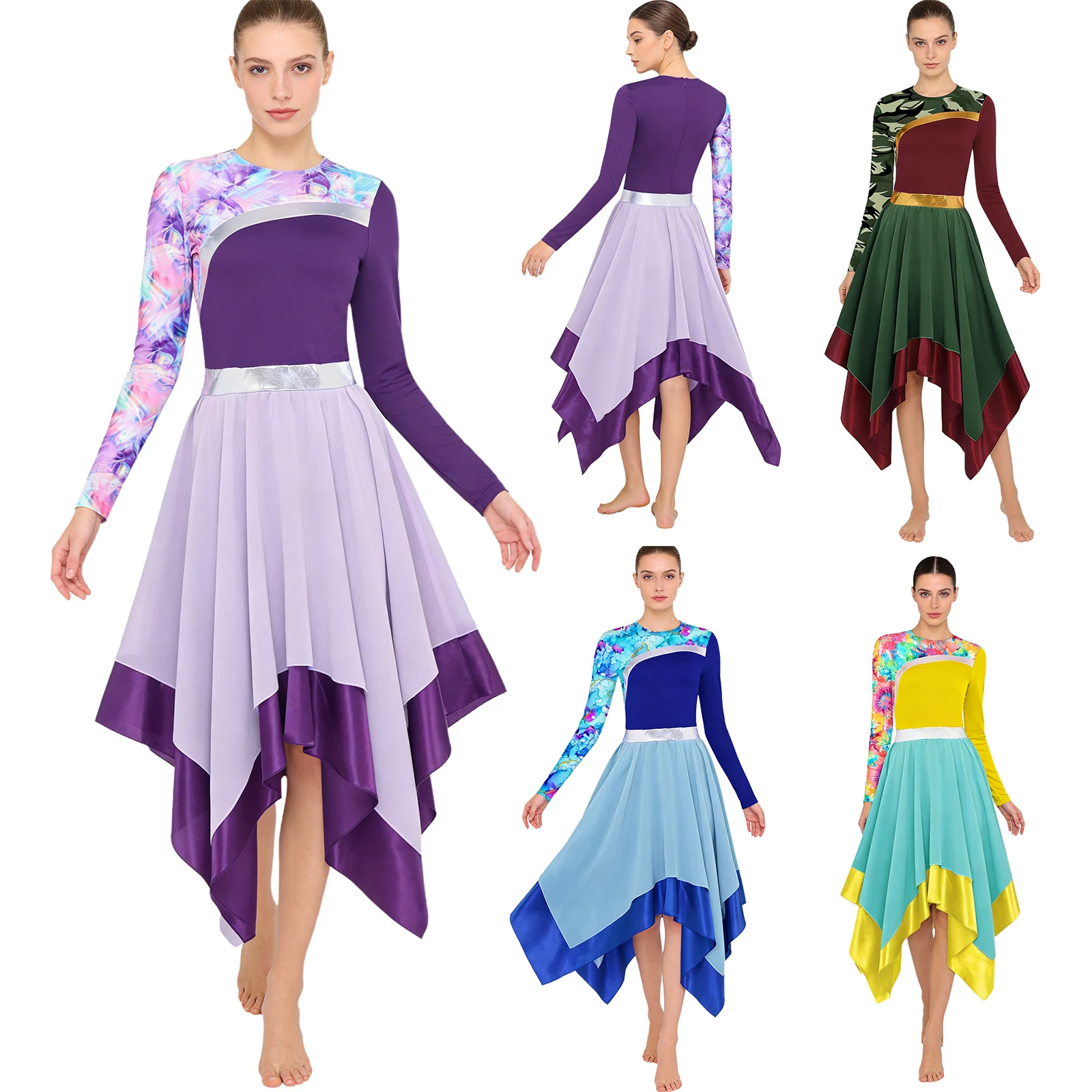 

Womens Liturgical Dance Dress Printed And Metallic Shiny Patchwork Color Blocking Irregular Hem Long Sleeve Lyrical Dance Dress