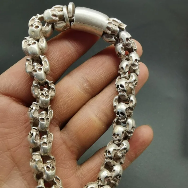 Vintage Old Tibetan Silver Skull Bracelet, Trendy Personalized Wrist Jewelry