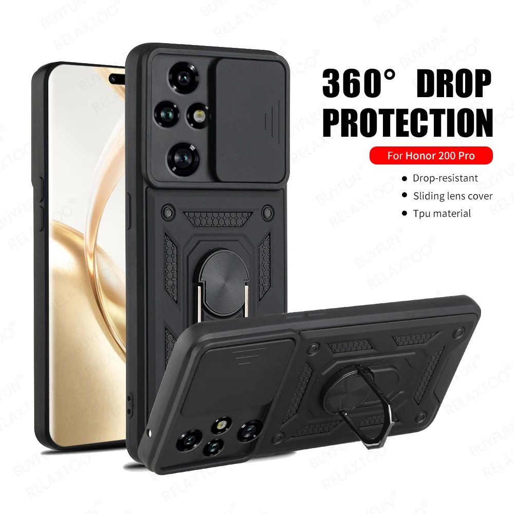 Honor200 Pro Case Ring Holder Push Window Armor Phone Case For Honor 200 Lite Pro 200Pro 5G Soft Shockproof Bumper Cover Fundas