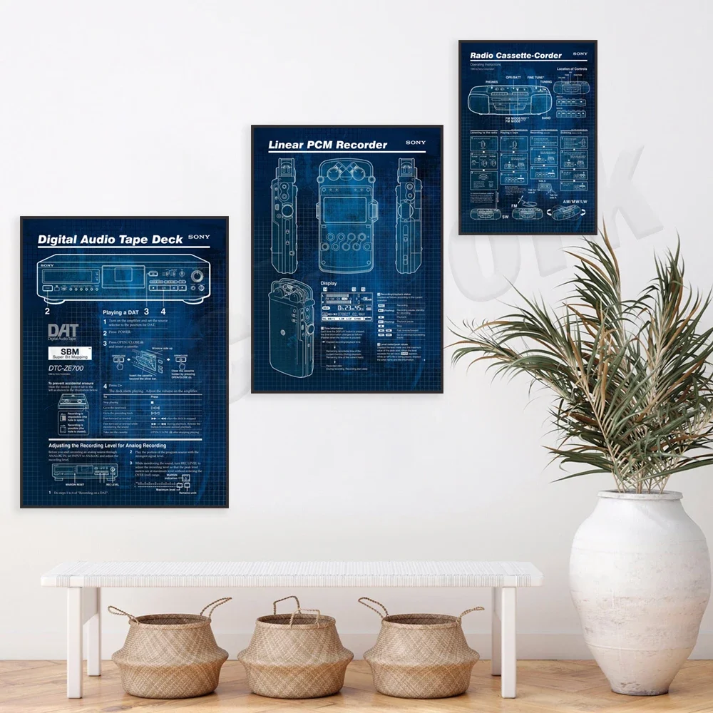 Blueprint, audio tape, cassette recorder, recording, sound system, audio recording, man cave gift, retro poster birthday gift.
