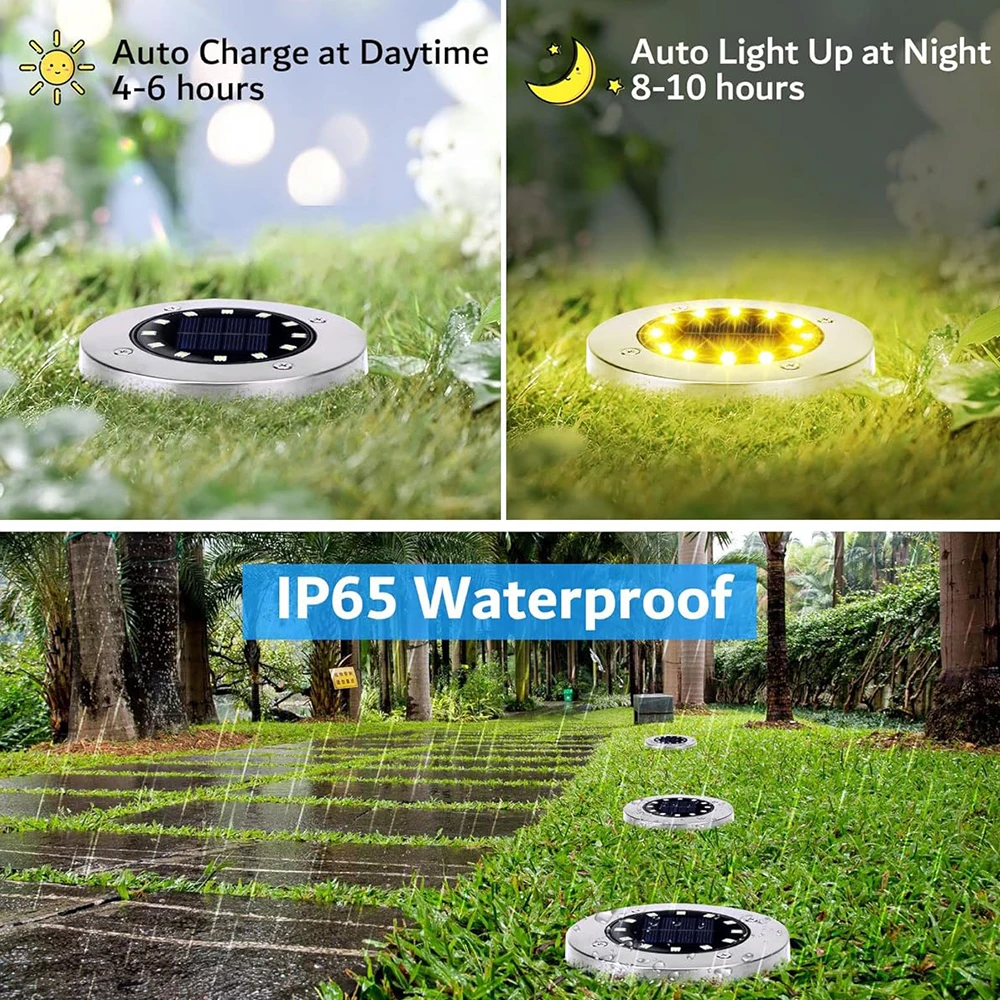 4 Pack Solar Outdoor Lights 12 LEDs Solar Ground Warm Lights Waterproof Flat Pathway Lights for Yard Walkway Garden Driveway