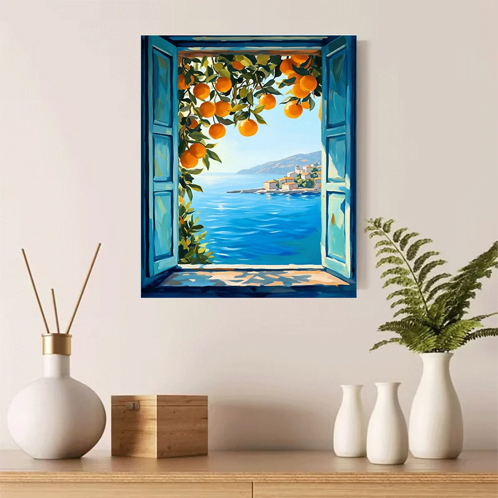 1PC-Unframed Canvas poster wall decoration  Mediterranean Sea View Orange Tree Window Scene Coastal Landscape Art Print