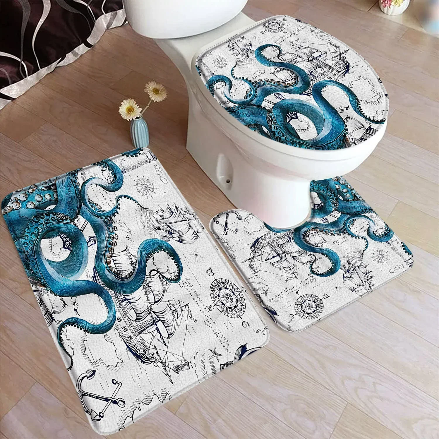 Ocean Octopus Bath Mat Set Sea Turtle Seahorse Vintage Nautical Map Sailboat Home Carpet Bathroom Decor Floor Rugs Toilet Cover