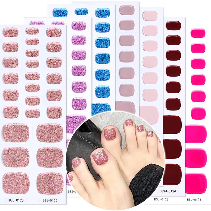 2026 Summer Semi Cured Nails Sticker Flower French Toe Solid Colors Nail Wraps Nail Art Gel Polish Manicure DIY Foot Nails Deco