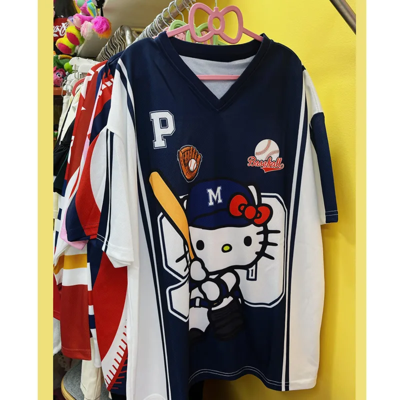 Sanrio Patchwork Hellokitty Sports T-shirt Girl Cute Anime Print Baseball Top V-neck Breathable Harajuku Tee Women Oversized Top