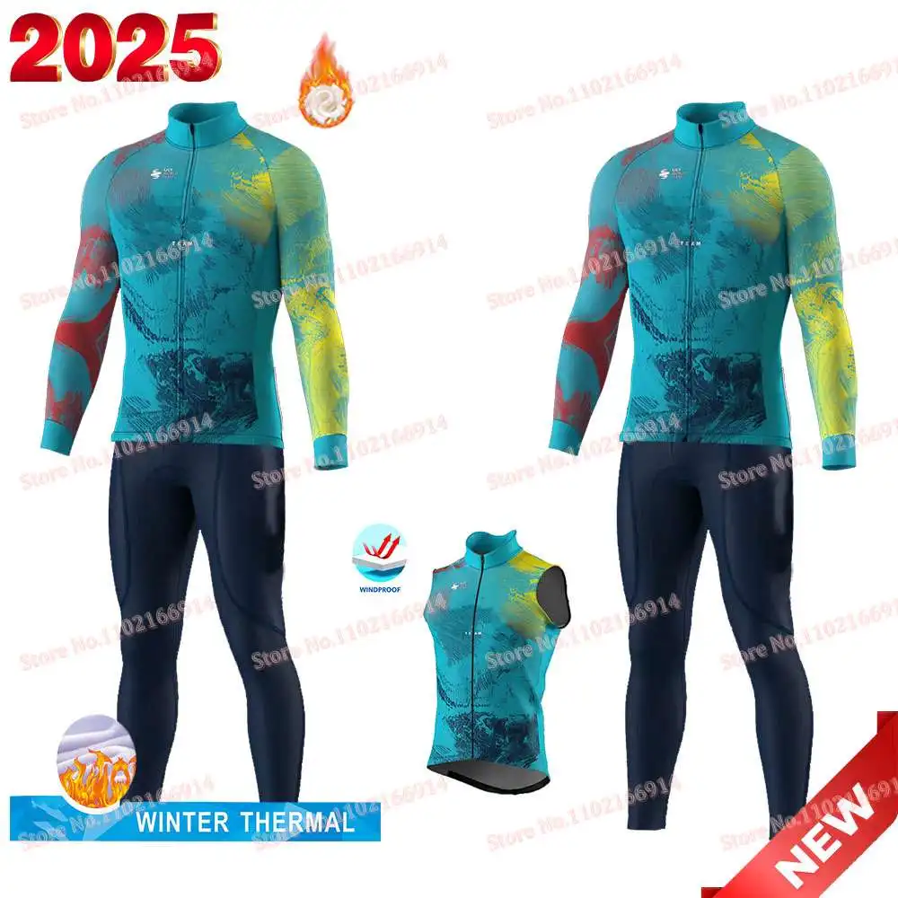 Комплект велосипедного трикотажа Qazaqstan Team 2025 с длинными рукавами Mark Cavendish, одежда для велоспорта, зимняя флисовая велосипедная куртка, велосипедные колготки