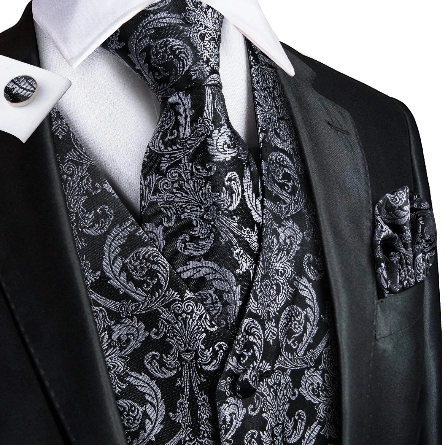 Barry.Wang Men\'s Suit Vest Gray Jacquard Floral Waistcoat Tie Pocket Square Cufflinks Set for Male Formal Casual Business Party