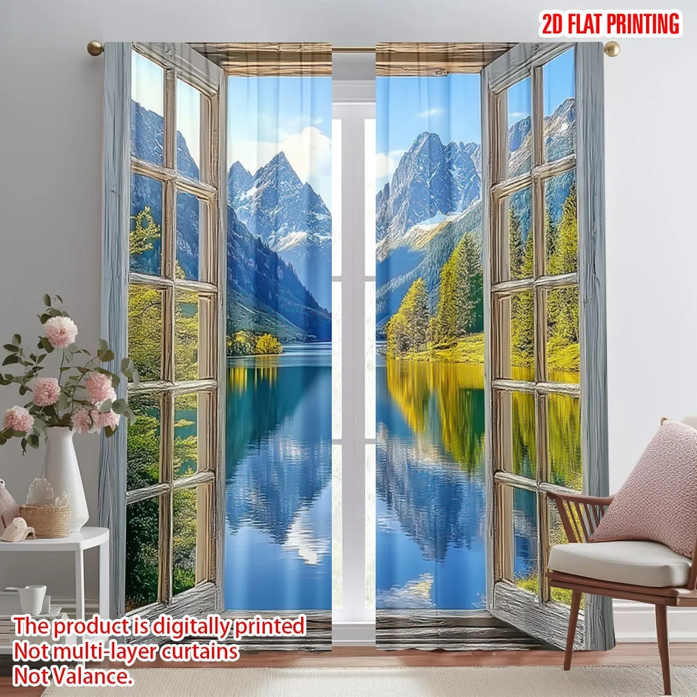 

2D flat printing 2pcs Party Curtain Mountain Lake View(2) Digital Printed Polyester Drapes Holiday Decorations for Oversized