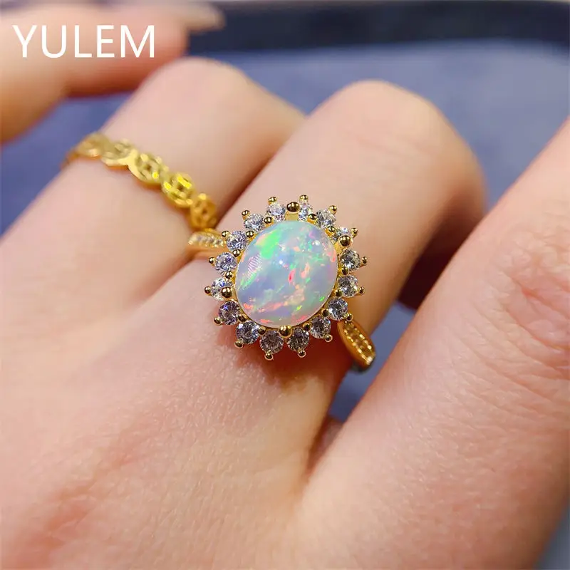 925 Silver White Opal Ring 8mm*10mm Natural Opal 925 Silver Ring Antique Look Silver Gemstone Jewelry with 18K Gold Plating