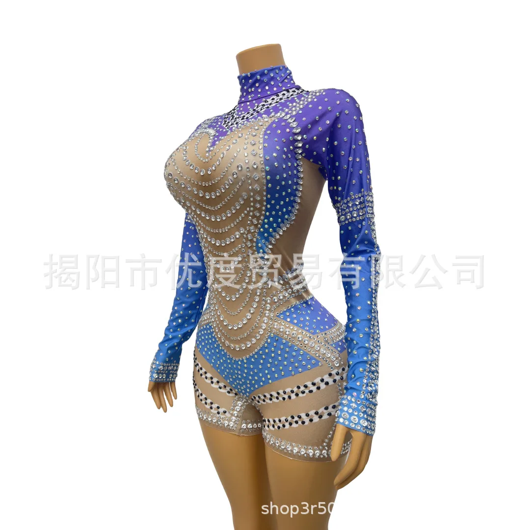 Personality Wind Gradual Change Blue Rhinestones Glam Female Singer Night Reception Party Performance Jumpsuit Ocean ropa espejo