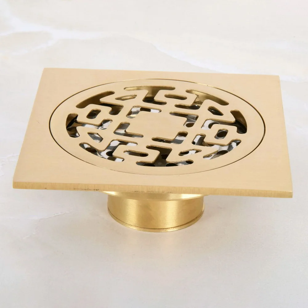 10 cm Square Golded Brass Shower Drain Hair Strainer Art Carved Bathroom Accessories Waste Grate Floor Drain Cover Khr050