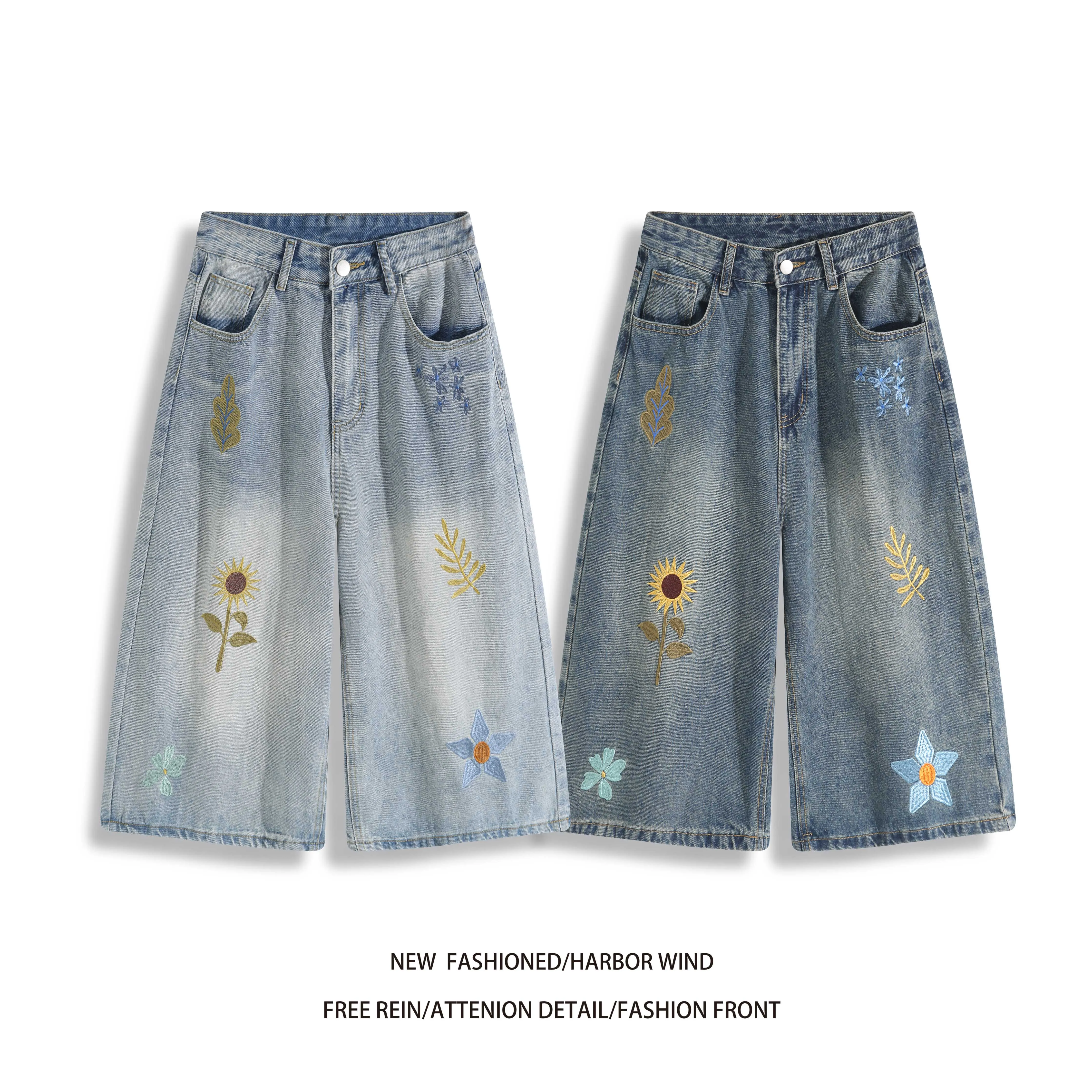 Retro Embroidered Design Loose Fit American Casual Summer Cropped Pants Men's Jeans Man Pants Street Style Denim Bottoms