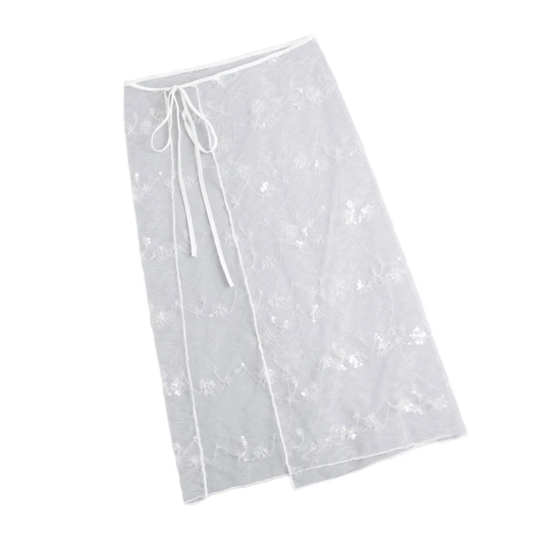 

Women Tie Up Layered Half Skirt Korean Sequins Flower See Through Long Apron Skirt Hip Covering Scarf Drop Shipping