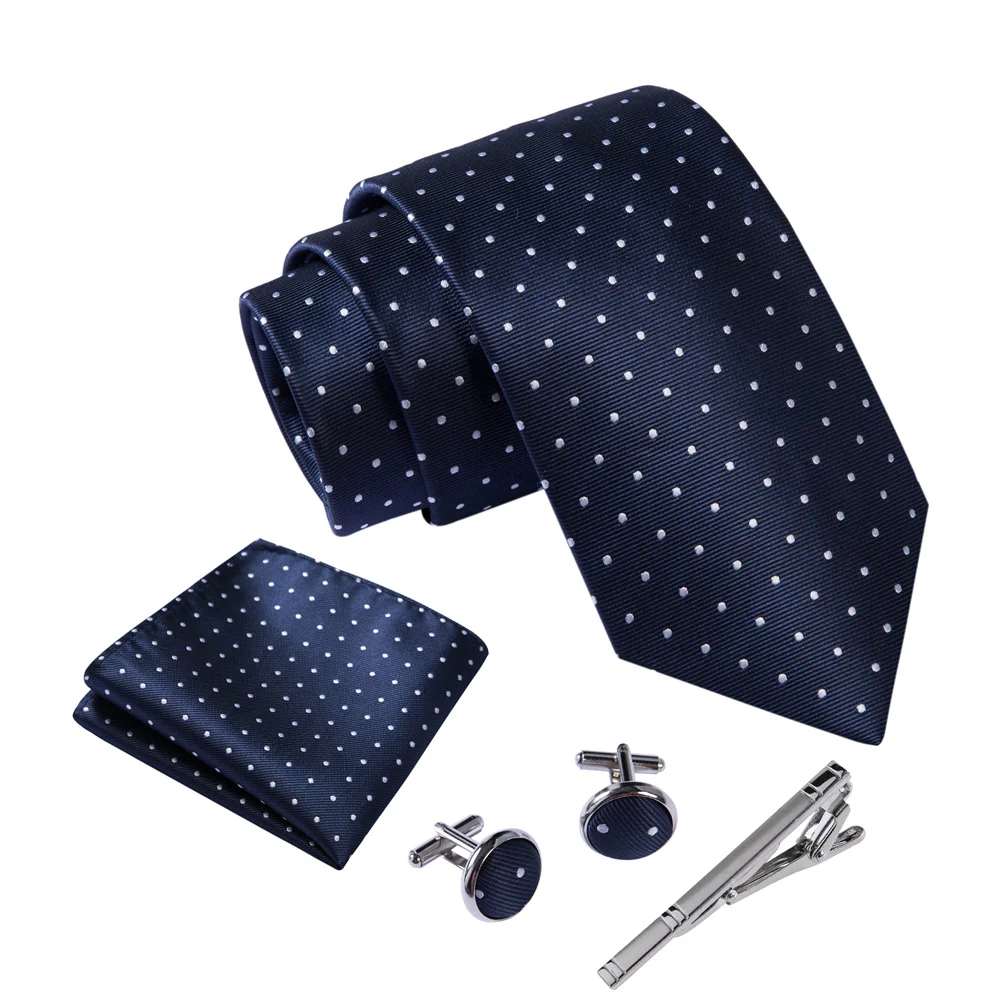 Men Polka Dot Navy Blue Hombre Necktie Sets with Hankie Metal Cufflinks Clip Set Shirt Accessories Fit Wedding Performance Tie