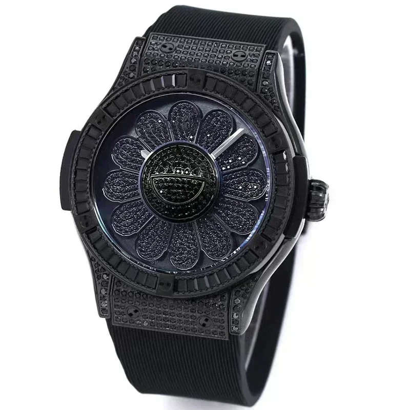 

Large dial mechanical hollow colored diamond sapphire glass waterproof and fashionable neutral circular rubber watch