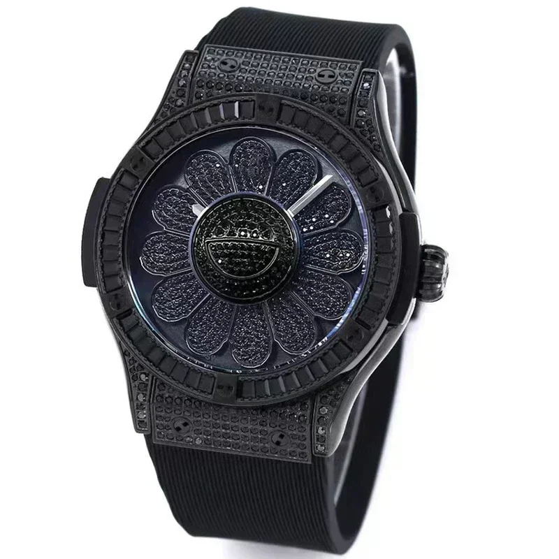 Grote Wijzerplaat Mechanische Holle Gekleurde Diamant Saffier Glas Waterdicht En Modieus Neutraal Rond Rubber Horloge