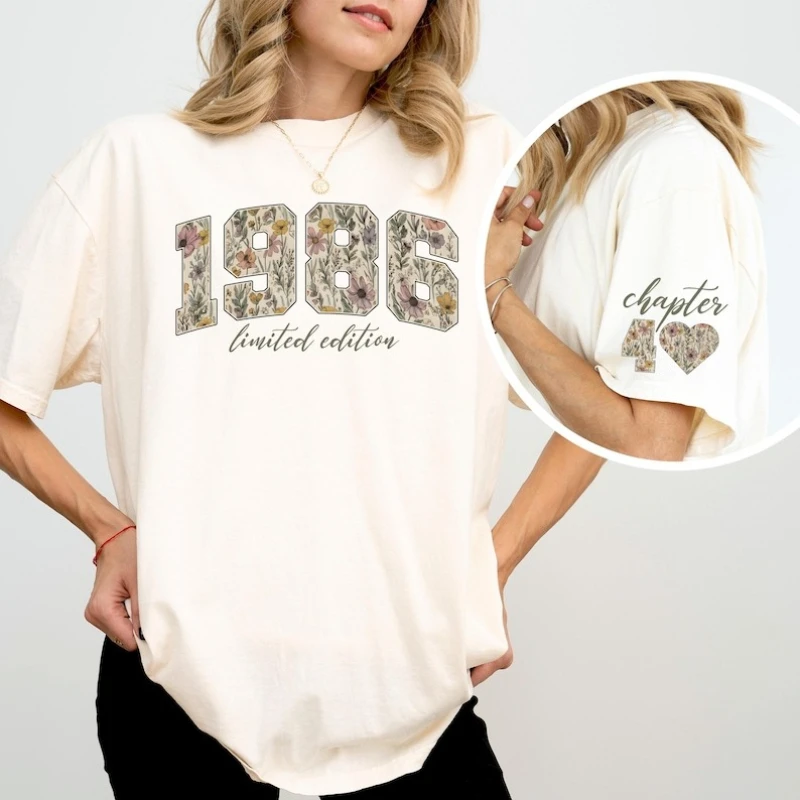 Retro Floral 40th Birthday Gifts for Women Limited Edition 1986 Shirt Chapter 40 Year Old Gifts Commuter Printed T-shirt Tops