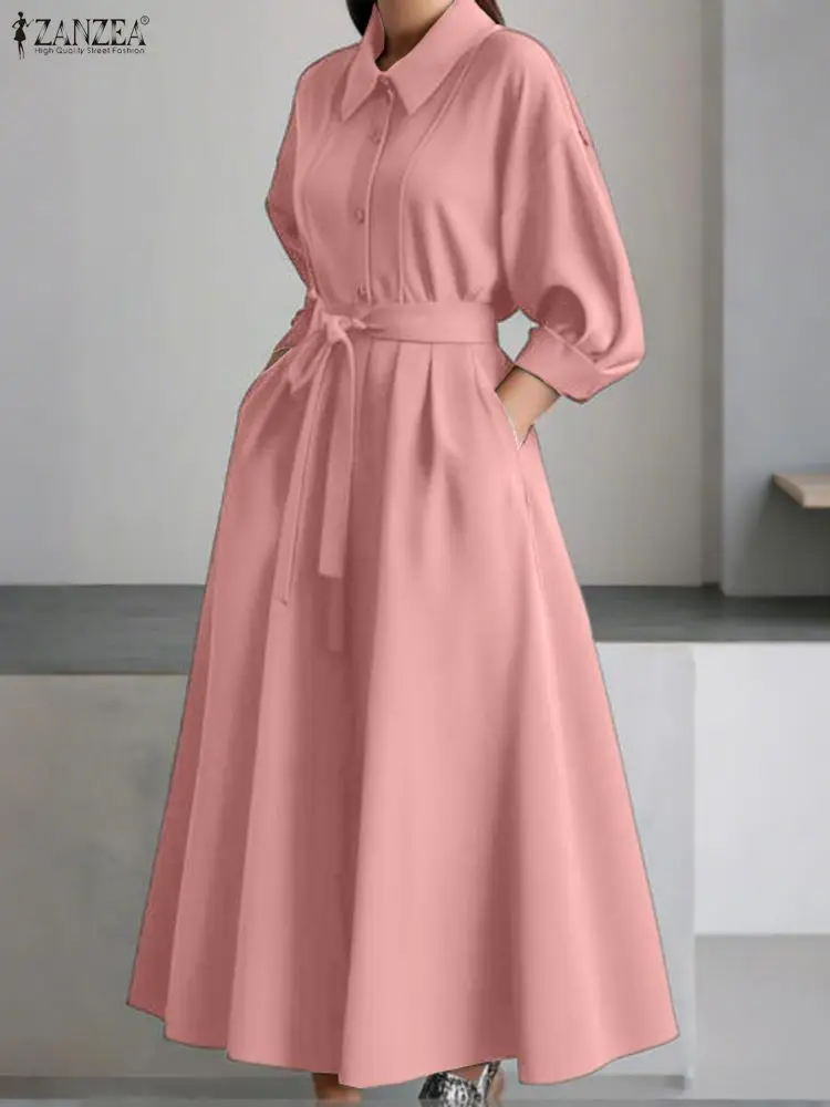 

ZANZEA Stylish Belted Maxi Dresses for Women FW 2025 Lapel Long Sleeve Half Buttons Solid Color Pleated Long Dress Streetwear