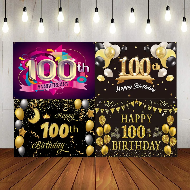 

Happy 100th Birthday Photography Backdrop 100 Years Old Birthday Decorations Party Supplies Black Gold Background Photo Banner