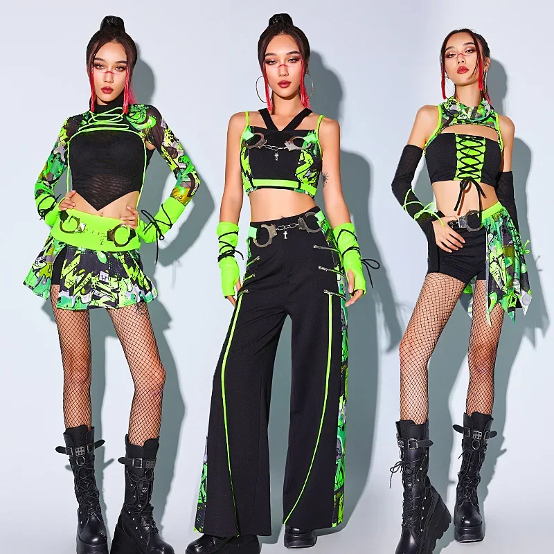 

Jazz Dance Costume Women Lolita Kpop Stage Performance Outfit Hip Hop Costume 2024 Cute Top Skirt Pants Show Clothes 2024 Green