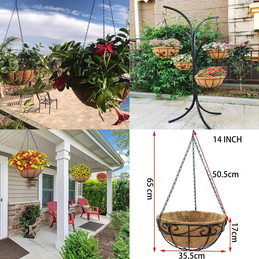 

Набор из 4 круглых металлических подвесных корзин для растений на цепях, 14 дюймов, для улицы, с сетчатыми вкладышами