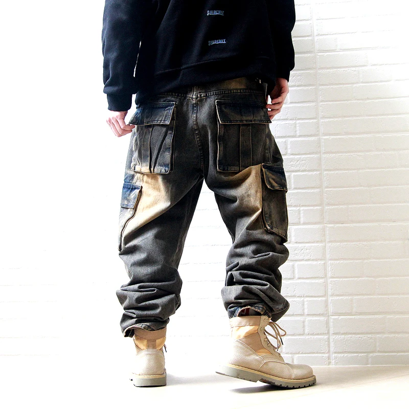 Techwear Style Pants Jeans Men's Loose Straight Wide Leg Large Size Street Trend Heavy Ancient Ruan Multi-Bag Skateboarding