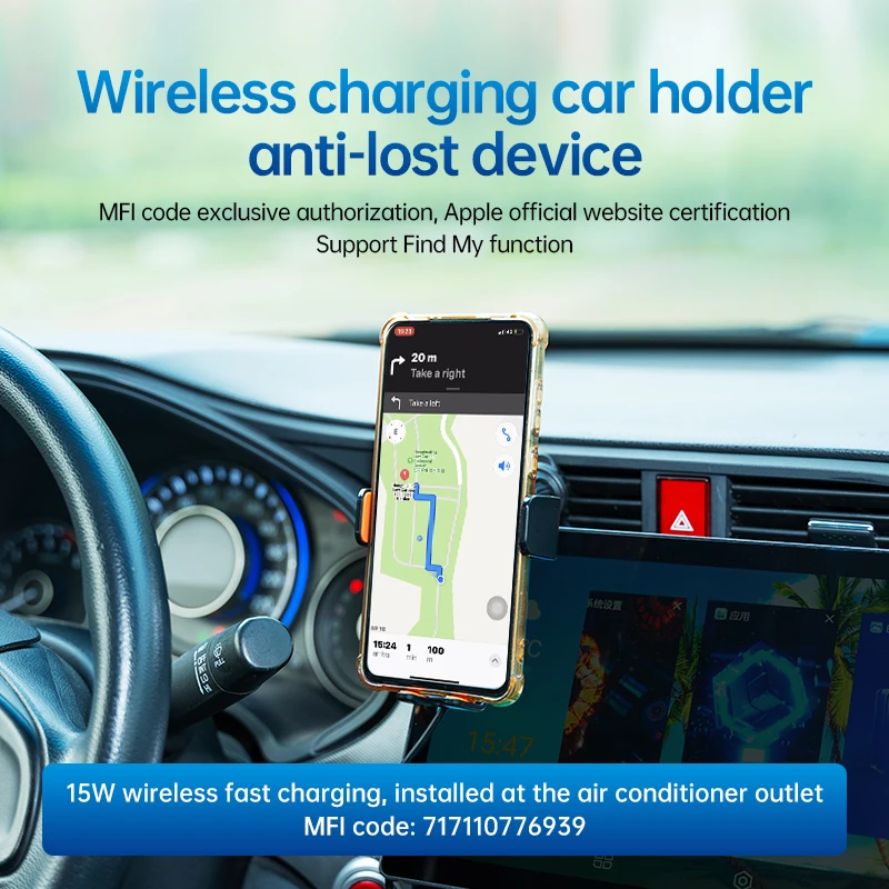 Pengisi Daya Nirkabel Cepat 15W untuk Mobil, Penyangga Ponsel, Pelacak GPS untuk iPhone iPad dengan Aplikasi Temukan Saya, Otentifikasi MFi