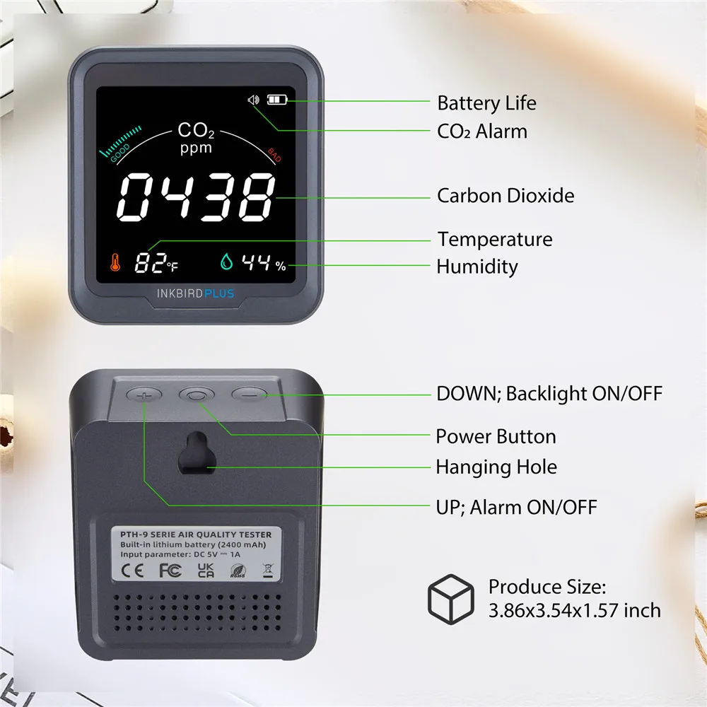 INKBIRD CO2 Monitor With Alarm 3-in-1 CO2 Air Detector Concentration&Temperature&Humidity Real-Time Carbon Dioxide Detector Home