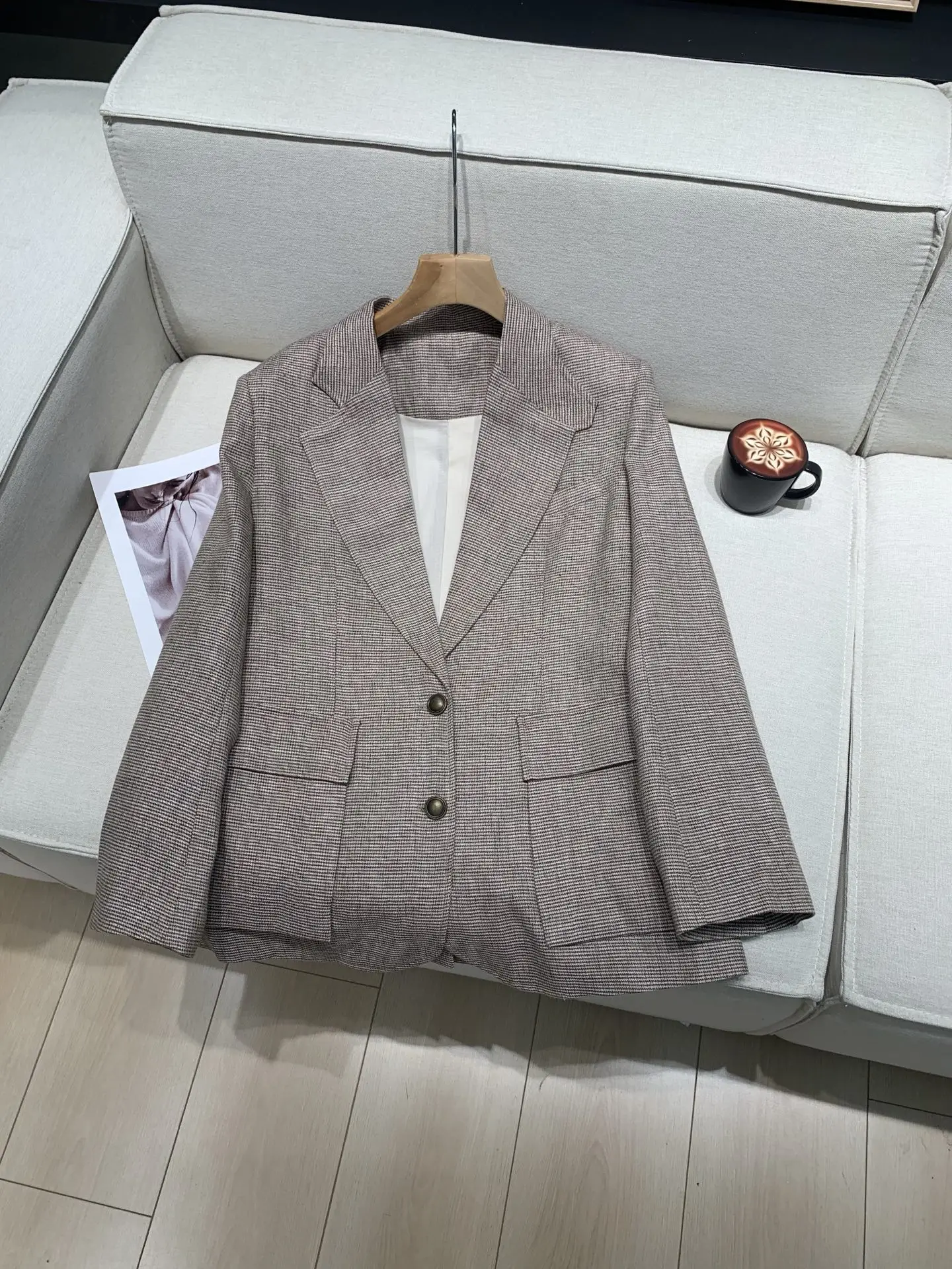 

Women's Plaid Suit Jacket Spring 2026 Color Patchwork Long Sleeve Notched Collar Single Breasted Vintage Ladies Linen Blazer