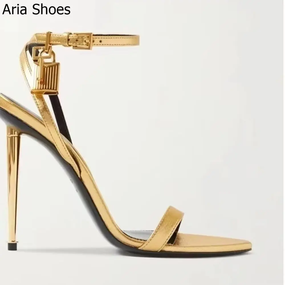 

Metal Pendant Lock Gold Thin Heels Women Sandals 2025 Summer New Open Toe High Heels Ankle Strap Casual 10Cm Pumps Sandals