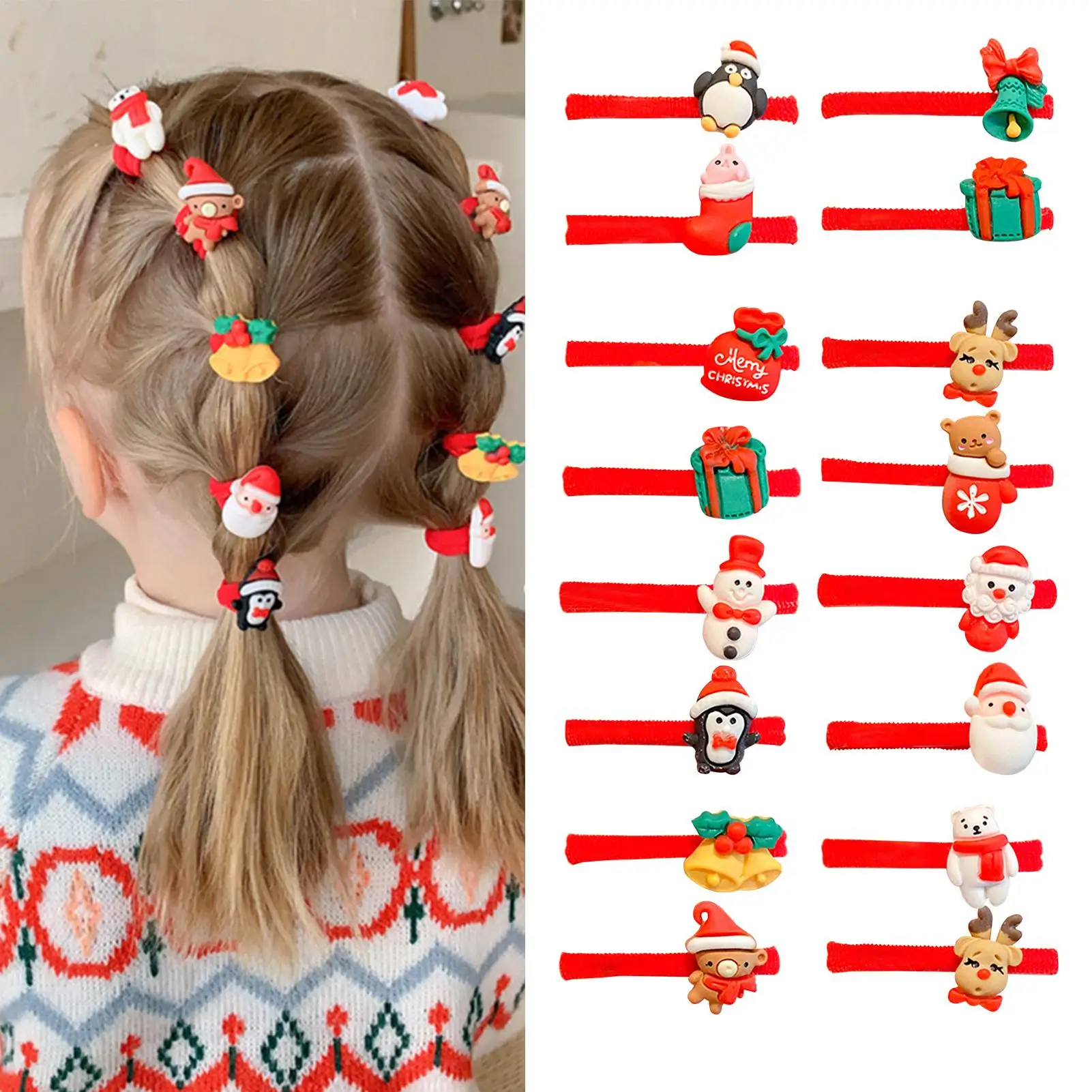 10PCS Christmas Hair Ties Cartoon Hair Ties Headwear Lovely Kids Elastic Hair Bands Santa Snowman Christmas Elastic Hair Bands