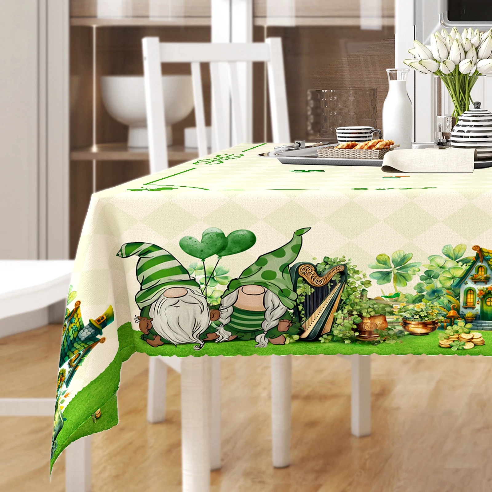 1 Piece of St. Patrick's Day Themed Light Green Round and Rectangular Tablecloth, Available in Various Sizes, Light Green Argyle Background with Emerald Clover, Scrollwork, and Elf Dwarf Print Decorations, Embossed Edge Craftsmanship, St. Patrick's Day Party Table Decoration, Suitable for Family Gatherings, Holiday Party Use, Irish Holiday Decoration, Spring Decoration