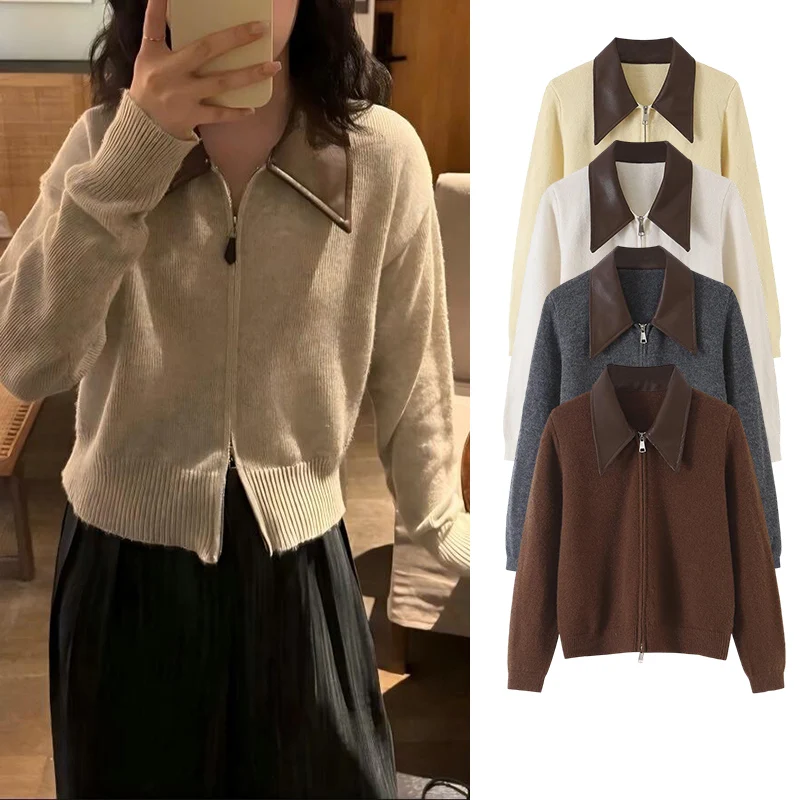 Cárdigan de punto para mujer, con cuello de imitación de cuero, cierre con cremallera, detalles en contraste, manga larga, suéter, ideal para otoño e invierno, prenda de vestir informal y holgada para llevar como capa exterior.