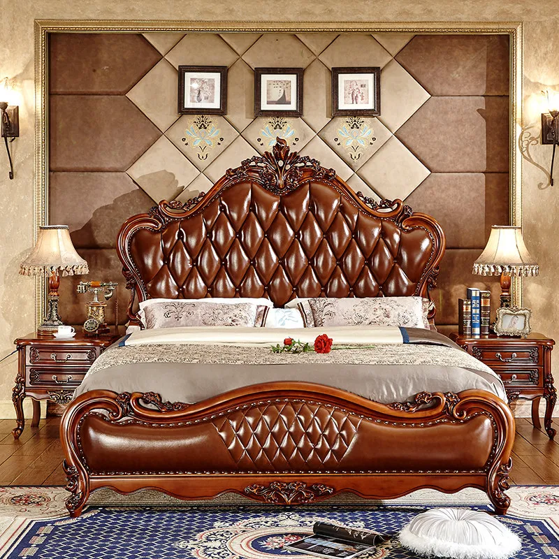 Leather Bed American Classical Solid Wood Carving Flower High-grade First-layer Cowhide Bed 1.8 * 2 Meters