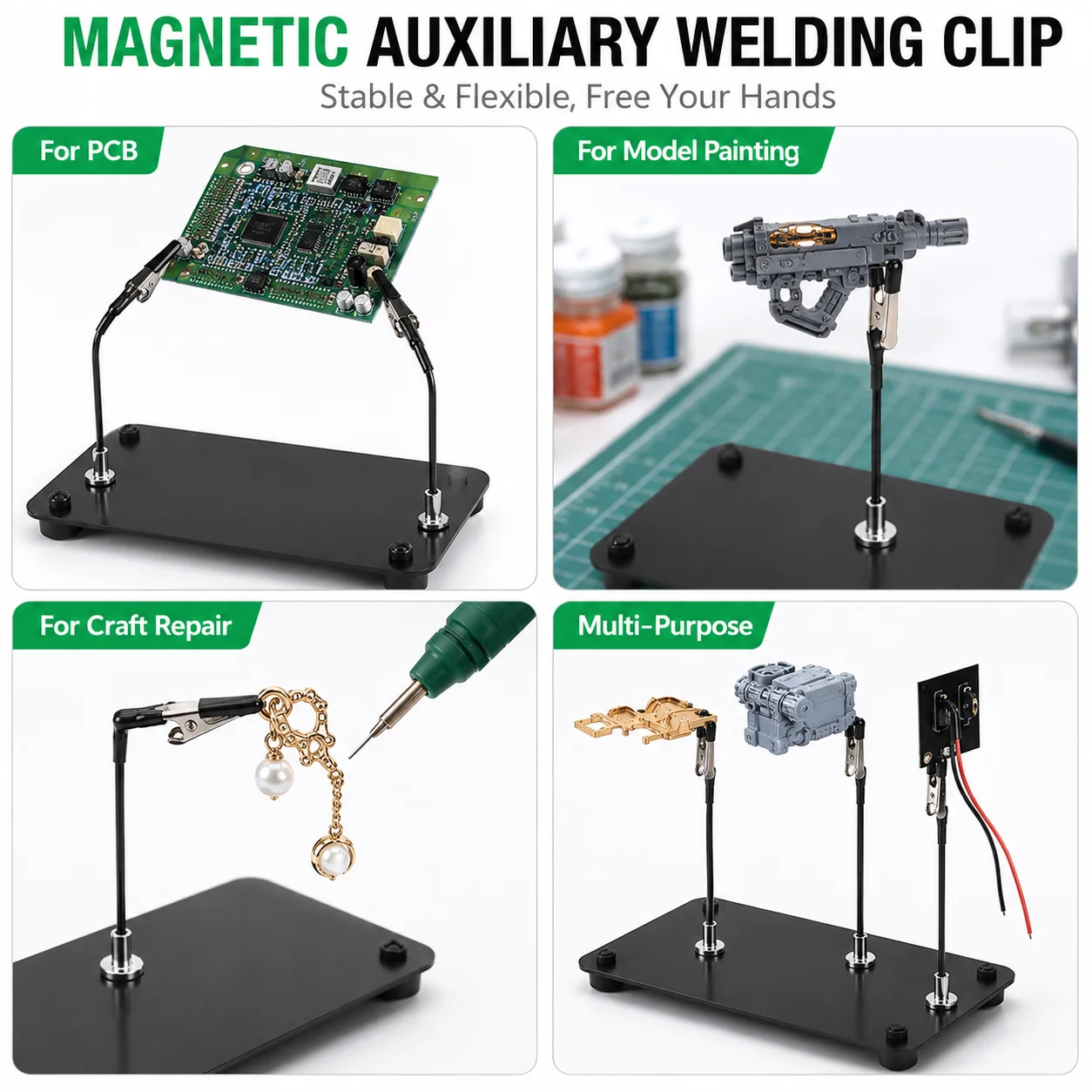 Dritte Hand zum Löten, 4-teiliger flexibler Arm mit magnetischer Basis, Krokodilklemmen, Leiterplattenhalter für Elektronik, Schweißen und Reparatur – Detail 4