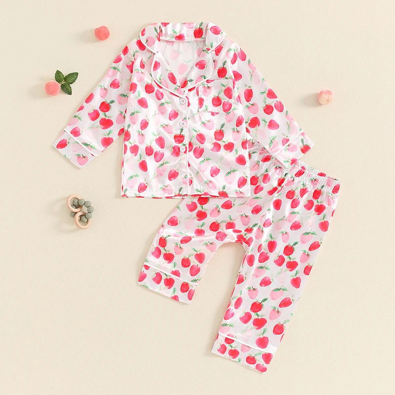 Kid Girls Satin Pajamas Set Strawberry Print Long Sleeve Shirts Tops Long Pants Autumn 2 Pieces Lounge Suit Sleepwear