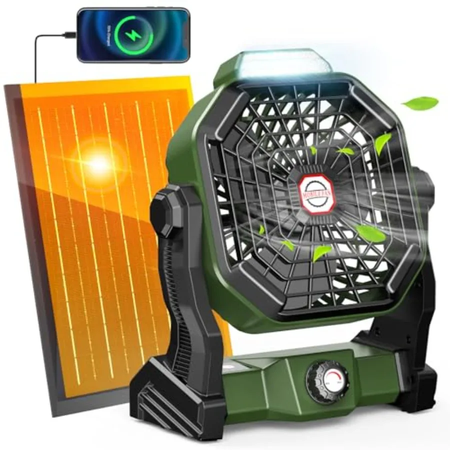 

Rechargeable Solar Powered Fan Max 40H Runtime Solar Camping Fans and Led Lantern 8-inch Portable Fan with Solar Panel Battery