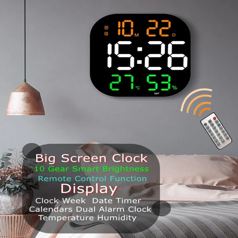 Large Screen Wall Clock 10Levels Smart Brightness Remote Control LED Digital Clock Electronic Dual Alarm Clock Living Room Decor