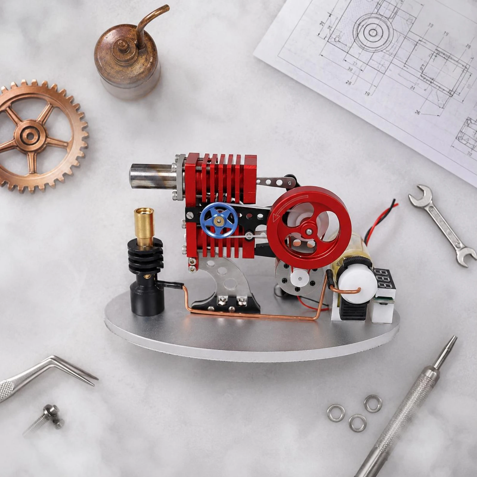 Stirling Engine Model Digital Voltage Display LED Stirling Engine Electricity Generator Model Metal Build Mechanical Science Toy