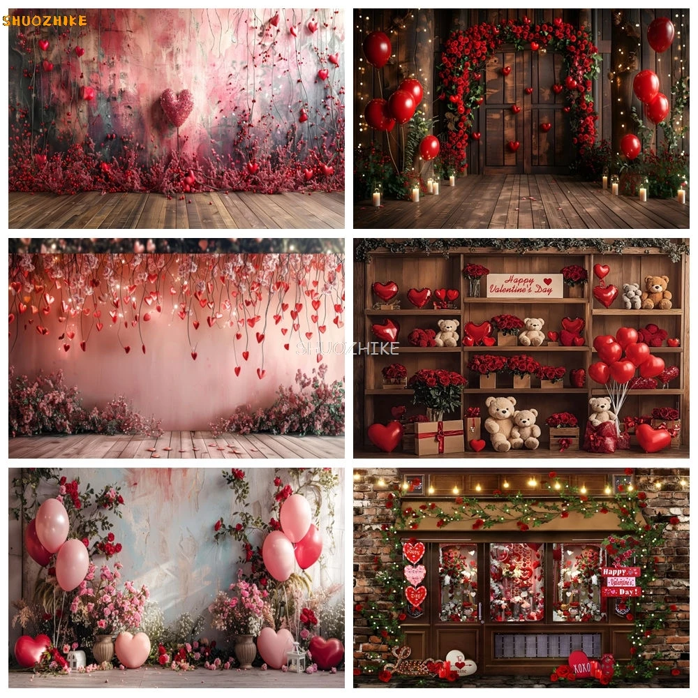 

Valentine's Day Photography Backdrops February 14 Red Rose Love Heart Balloons Wedding Party Background Decor Photo Studio Props