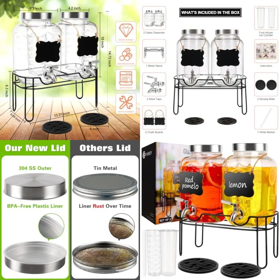 

Drink Dispenser, 2PACK Glass Drink Dispensers for Parties, 1 Gallon Beverage Dispenser with Stand, Stainless Steel Spigot Leak